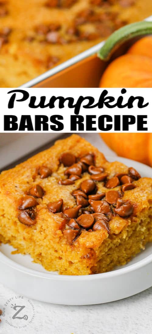 close up of plated Easy Pumpkin Bars Recipe with writing