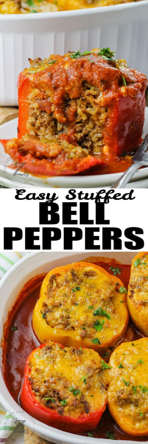 cooked Easy Stuffed Peppers in the dish and plated with a title