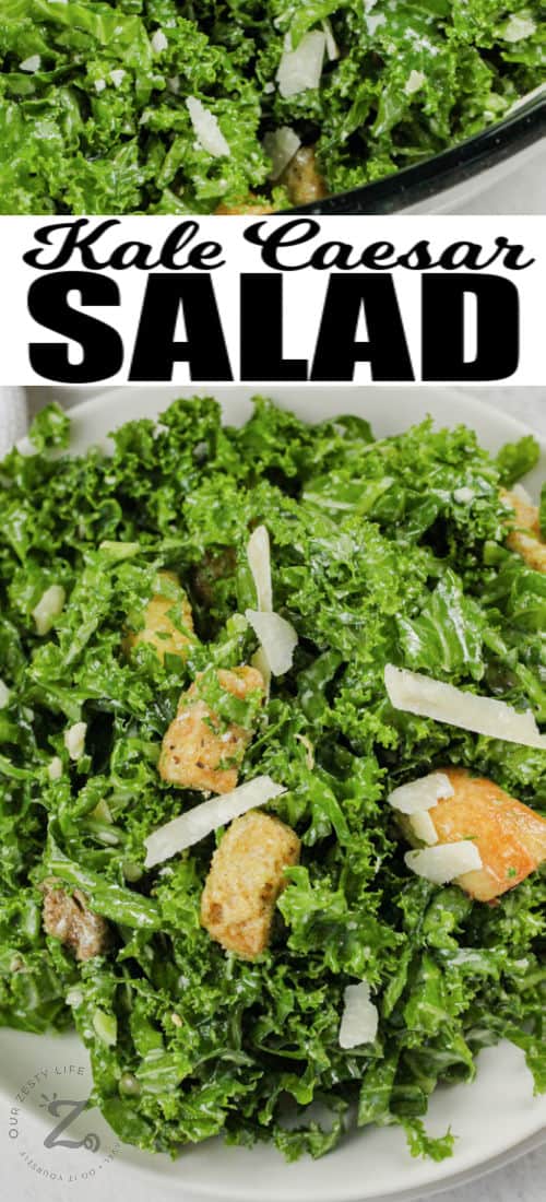 Kale Caesar Salad on a plate with writing
