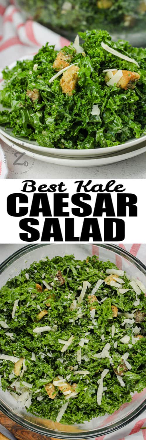 Kale Caesar Salad in a glass bowl and plated with a title