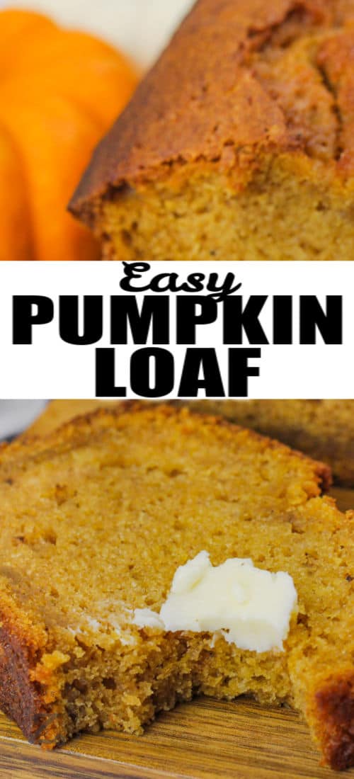 Pumpkin Loaf slice with a bite taken out and a title