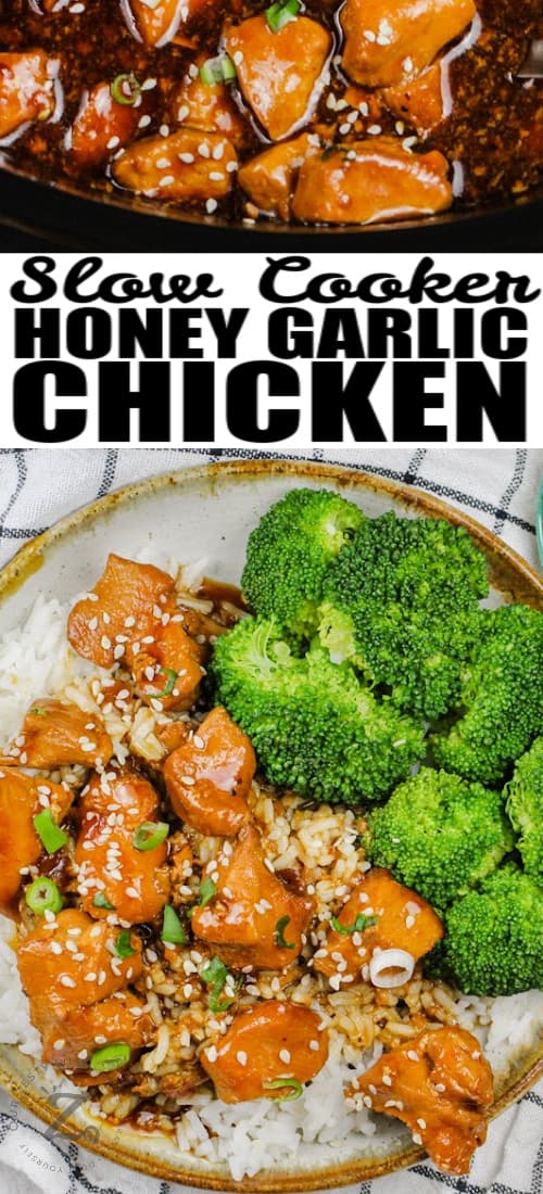 plated Slow Cooker Honey Garlic Chicken with a title