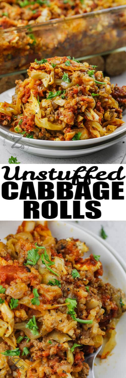 plated Unstuffed Cabbage Roll Casserole with a close up photo and writing