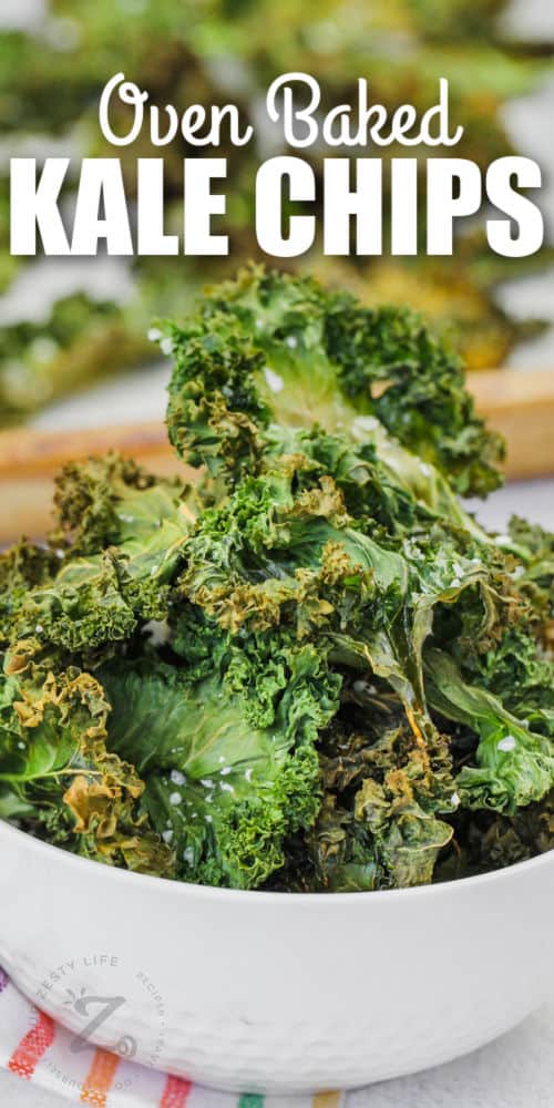 plated Baked Kale Chips with writing