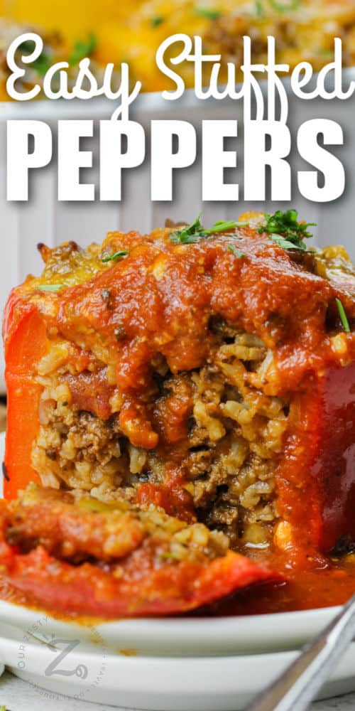 close up of inside of Easy Stuffed Peppers with writing
