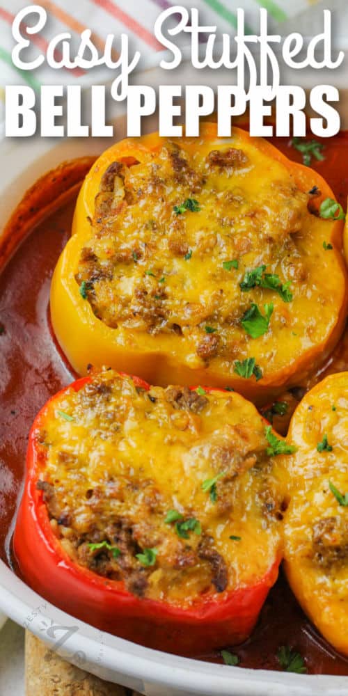 cooked Easy Stuffed Peppers with writing