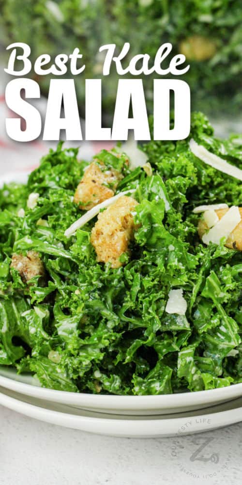 plated Kale Caesar Salad with a title