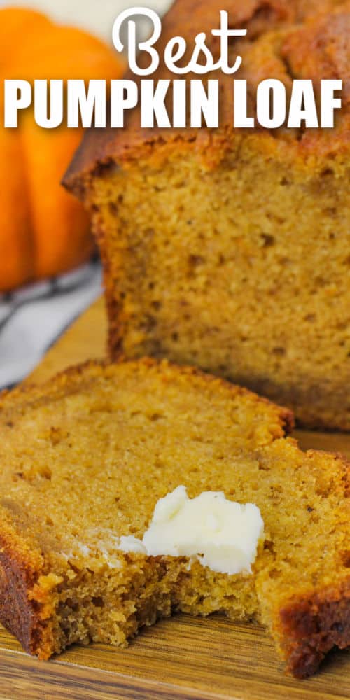 slice of Pumpkin Loaf with a bite taken out and writing
