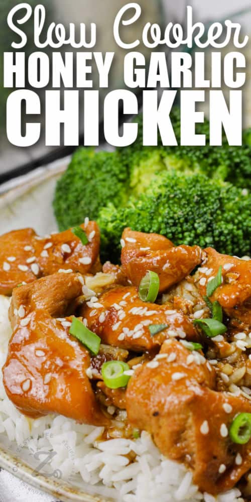 plated Slow Cooker Honey Garlic Chicken with broccoli and writing