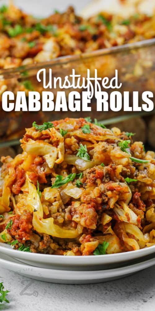 Unstuffed Cabbage Roll Casserole on a plate with a title