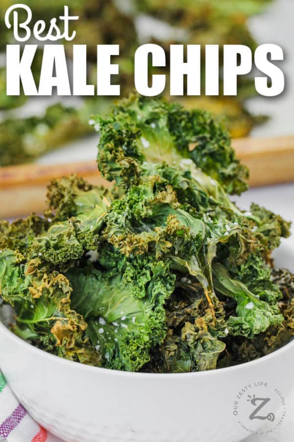 close up of plated Baked Kale Chips with writing