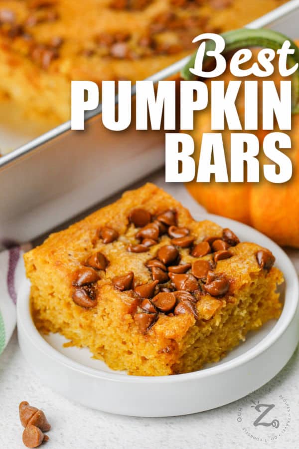 Easy Pumpkin Bars on a plate with a title