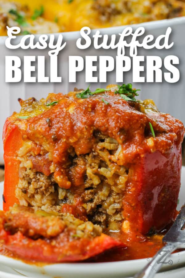 close up of plated Easy Stuffed Peppers with writing