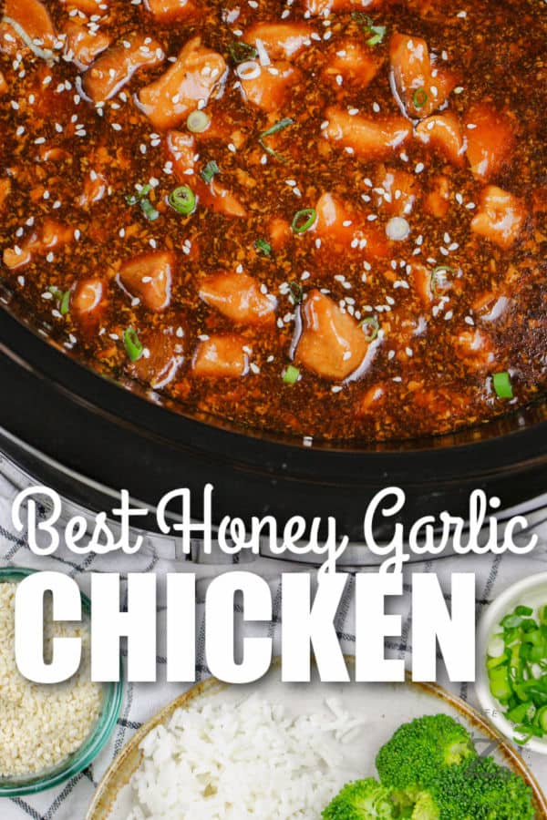 Slow Cooker Honey Garlic Chicken in the crock pot with a title