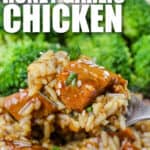 fork full of Slow Cooker Honey Garlic Chicken with writing