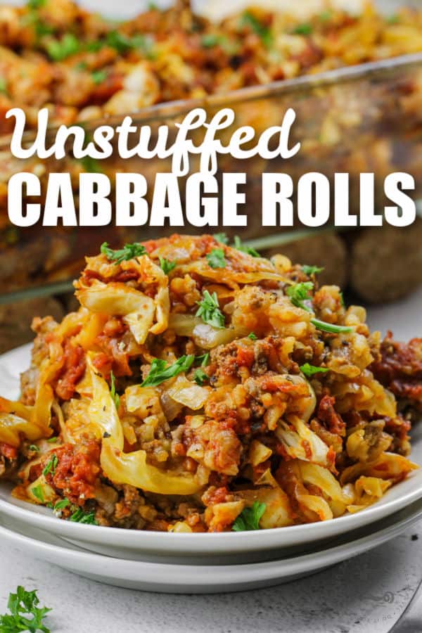 plated Unstuffed Cabbage Roll Casserole with a title