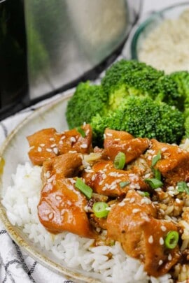 plated Slow Cooker Honey Garlic Chicken with rice and broccoli