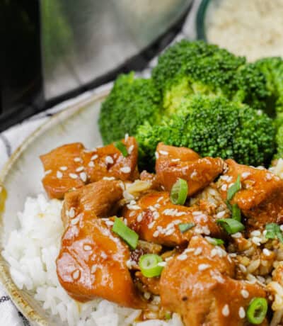 plated Slow Cooker Honey Garlic Chicken with rice and broccoli