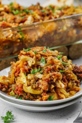 close up of Unstuffed Cabbage Roll Casserole on a plate