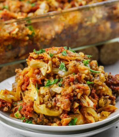 close up of Unstuffed Cabbage Roll Casserole on a plate