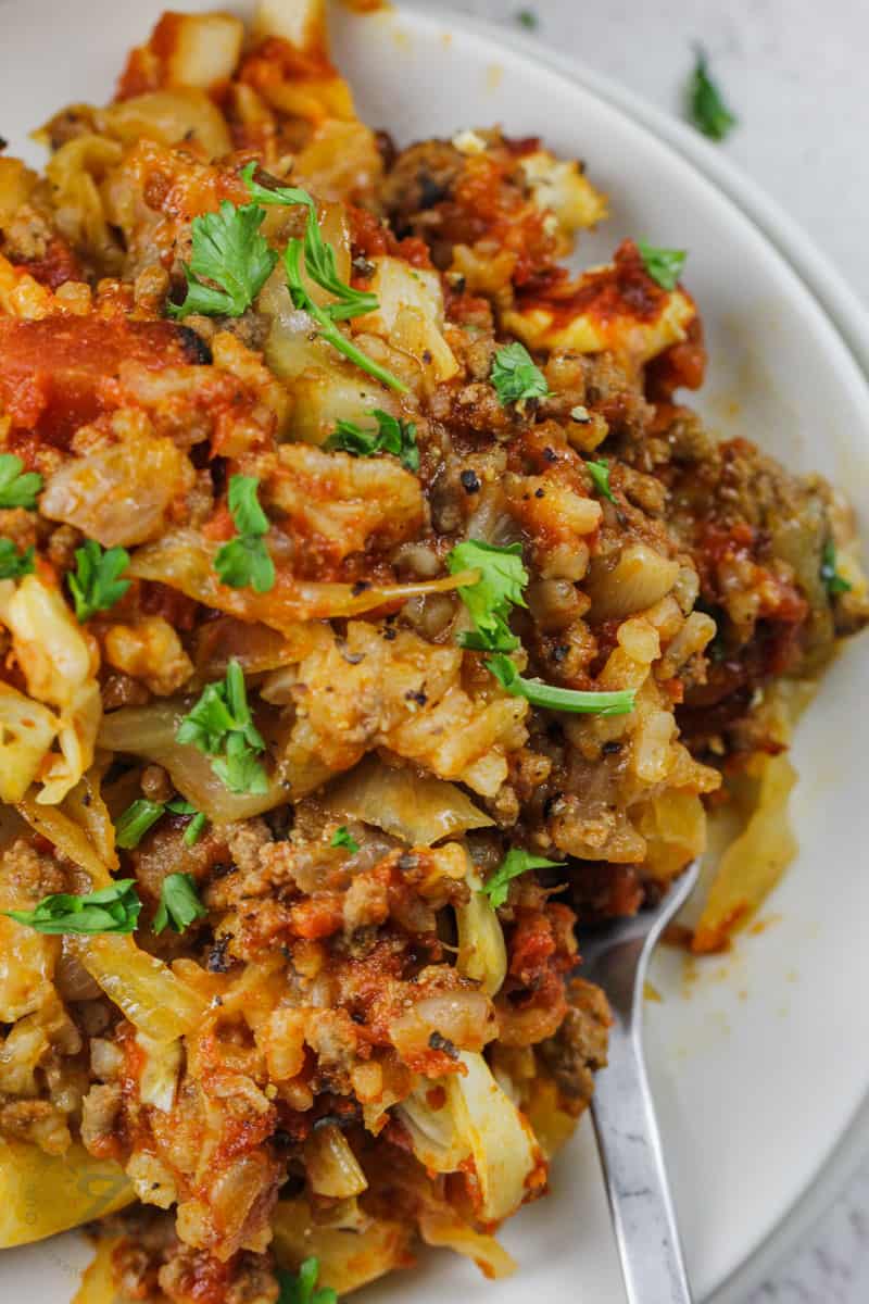close up of Unstuffed Cabbage Roll Casserole with a fork