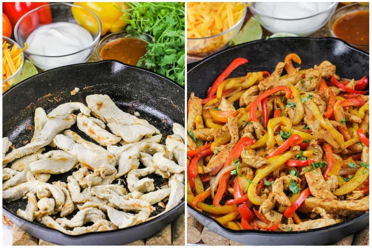 before and after adding all ingredients to pan to make Chicken Fajitas