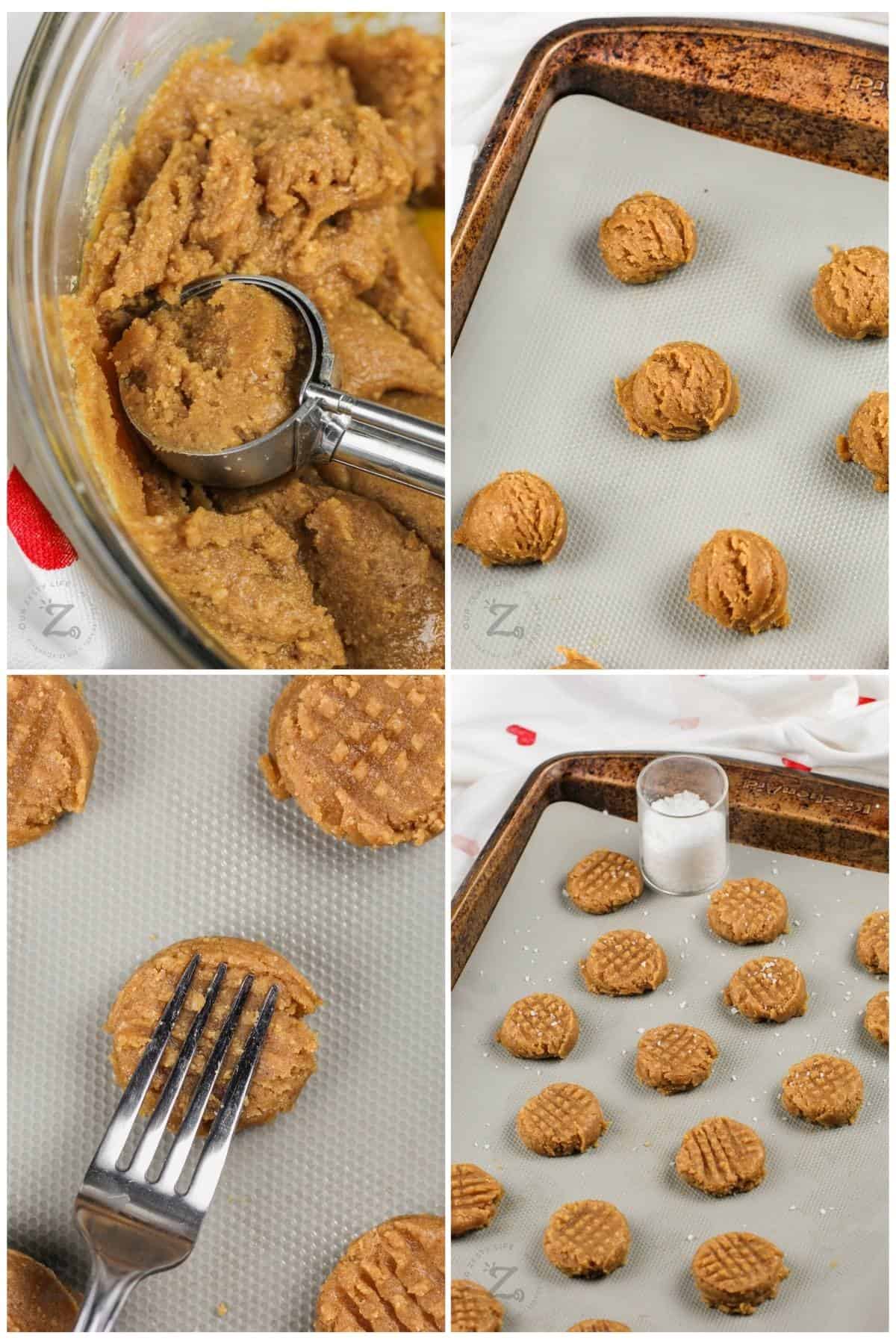 process of making Flourless Peanut Butter Cookies and putting on baking sheet