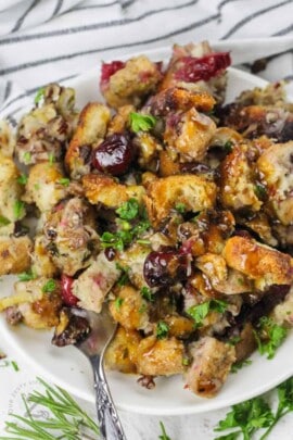 plated Fresh Bread Stuffing with a fork