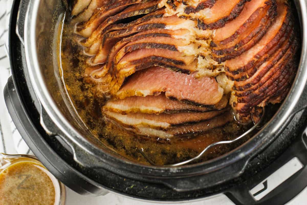 top view of cooked Instant Pot Ham with Brown Sugar Glaze