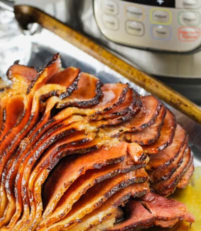 Instant Pot Ham with Brown Sugar Glaze and an instant pot in the back