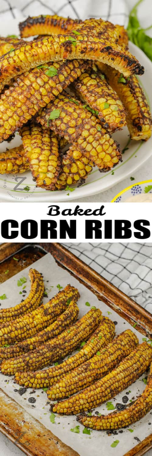 Baked Corn Ribs on a baking sheet and plated with a title