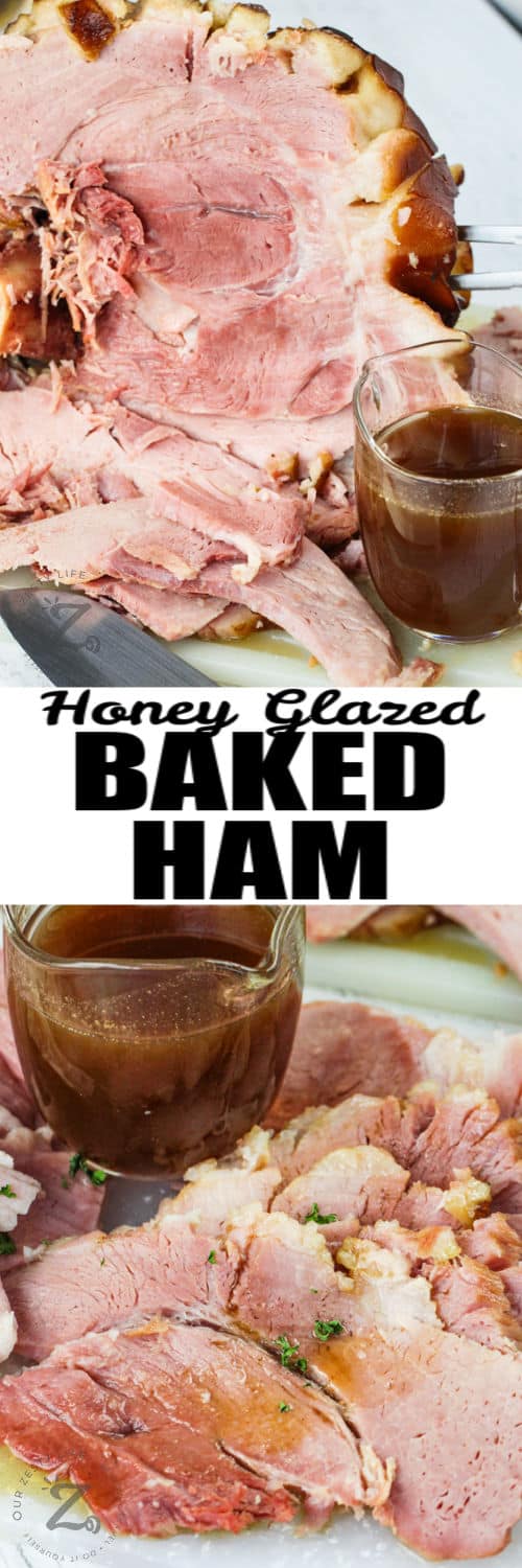 slicing and close up photo of Baked Honey Glazed Ham with a title