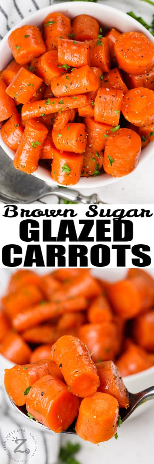 Brown Sugar Carrots plated and on a spoon with a title
