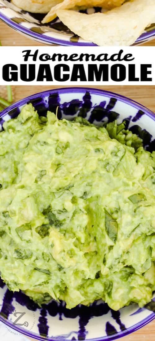 close up of Easy Homemade GuacamoleEasy Homemade Guacamole in a bowl with a title