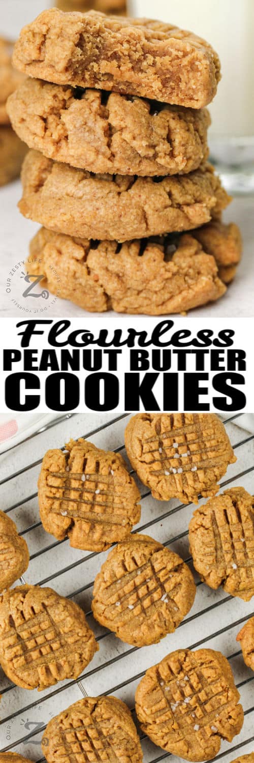 Flourless Peanut Butter Cookies on a cooling rack and in a stack with a title