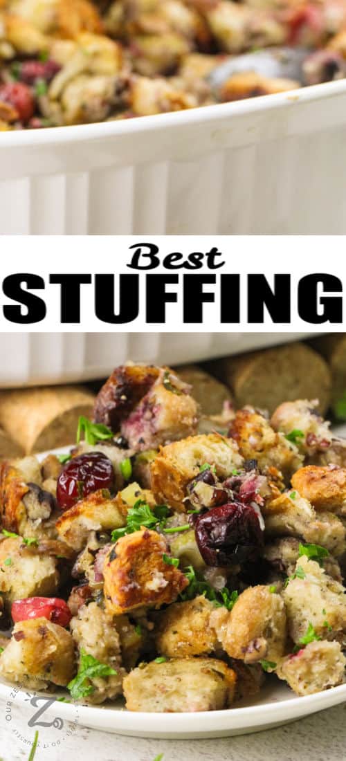 plated Fresh Bread Stuffing with a title