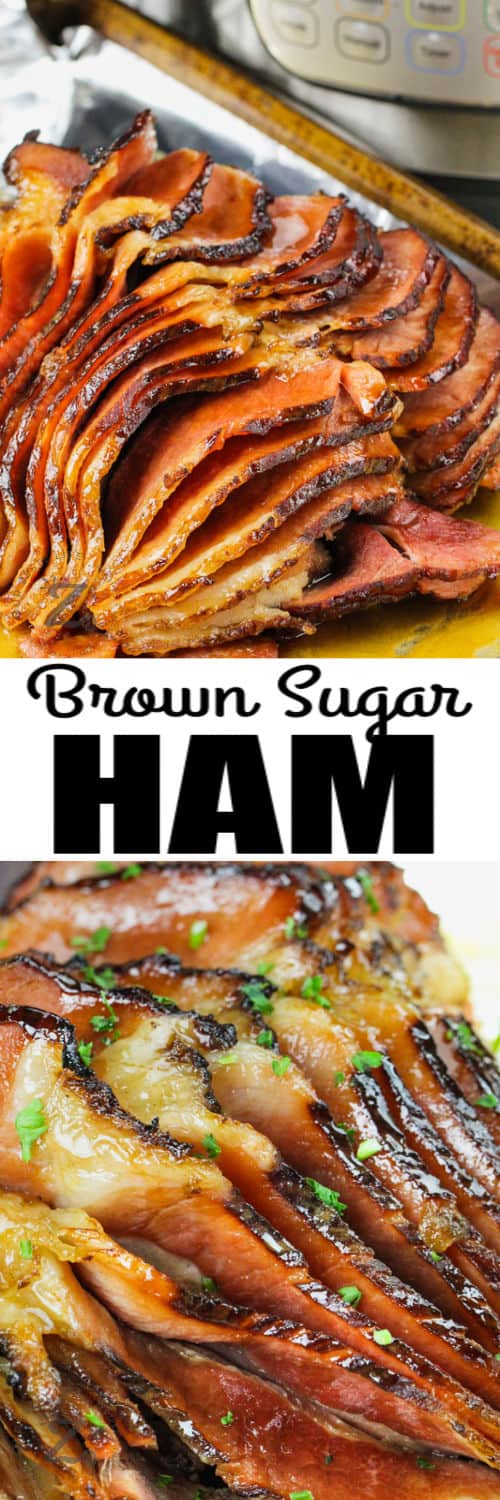 plated and close up of Instant Pot Ham with Brown Sugar Glaze with a title
