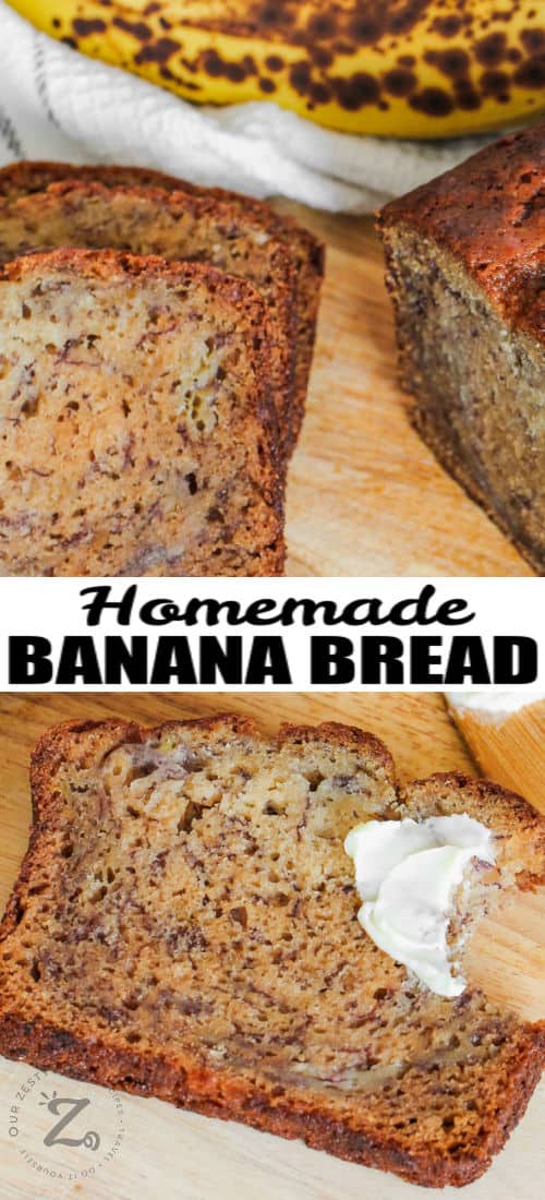 slice of Nut-Free Banana Bread with a bite taken out and writing