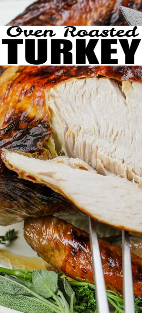 close up of sliced Roast Turkey with a title