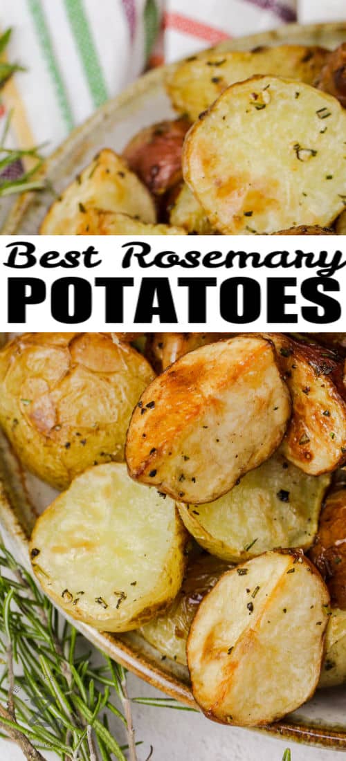 cooked Rosemary Potatoes on a plate with a title