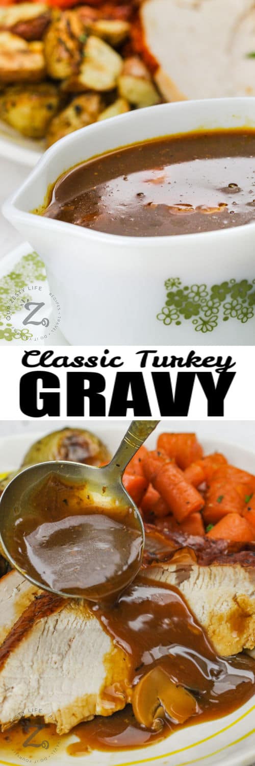 putting Turkey Gravy on turkey and close up of the bowl with a title