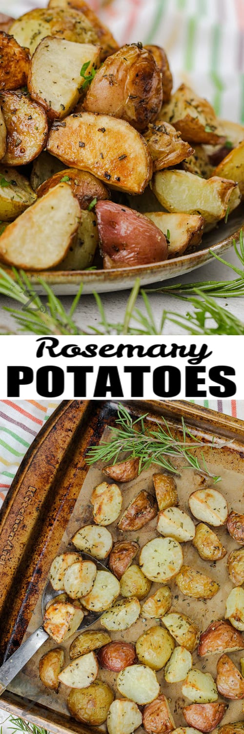 Rosemary Potatoes on a baking sheet and plated with a title