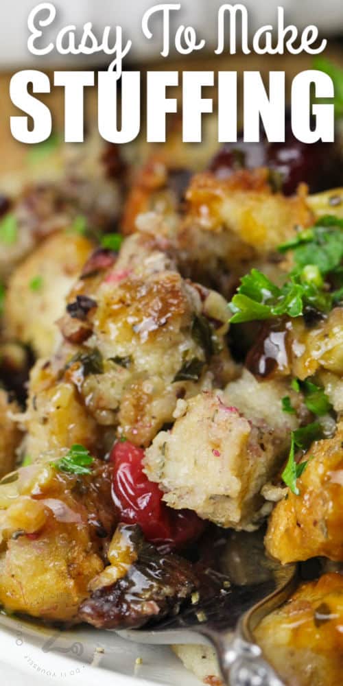 close up of Fresh Bread Stuffing with writing