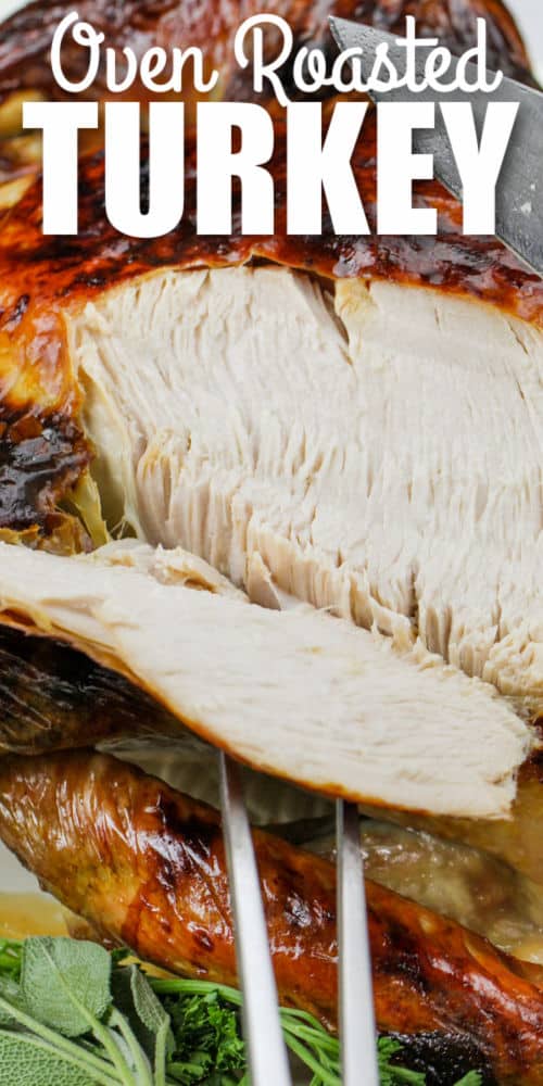 close up of sliced Roast Turkey with writing