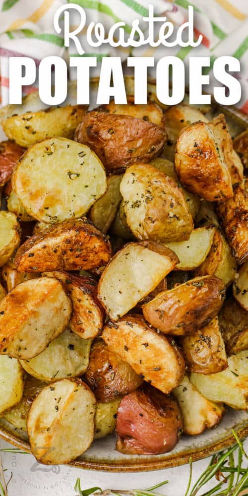 top view of Rosemary Potatoes on a plate with a title