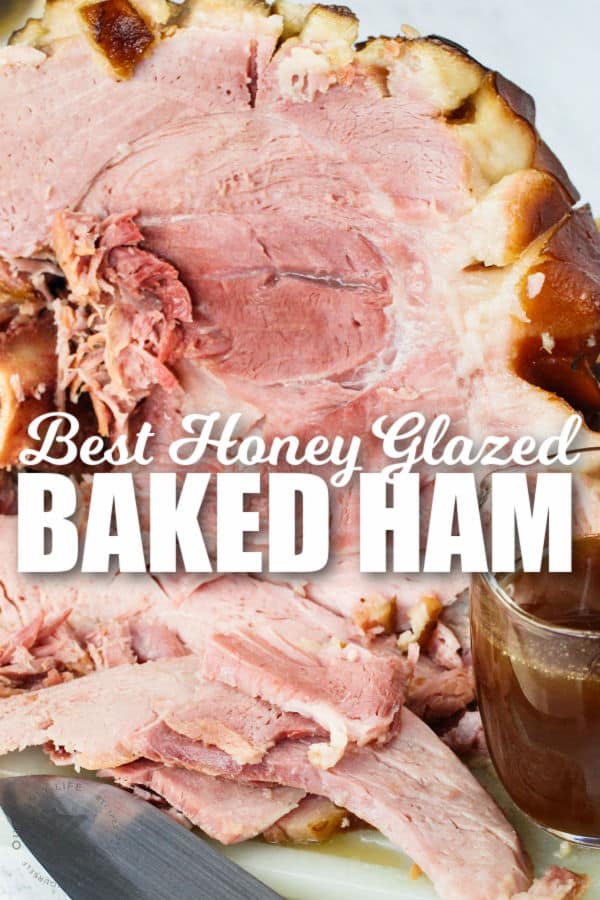slicing Baked Honey Glazed Ham with a title