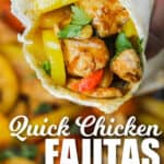 Chicken Fajitas filling and a close up of a fajita with a title