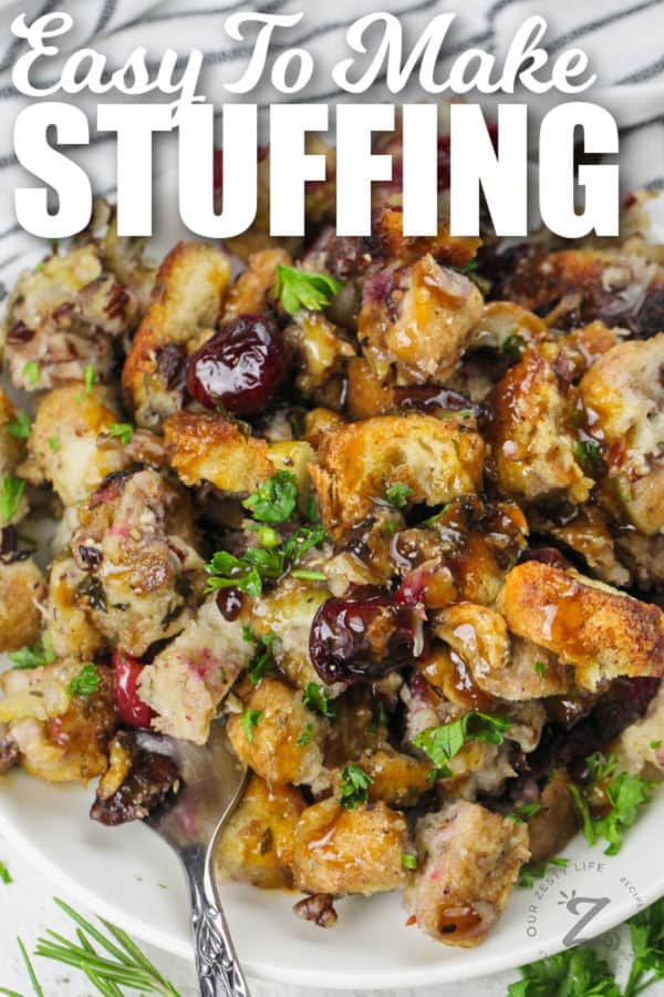 plated Easy Bread Stuffing with writing