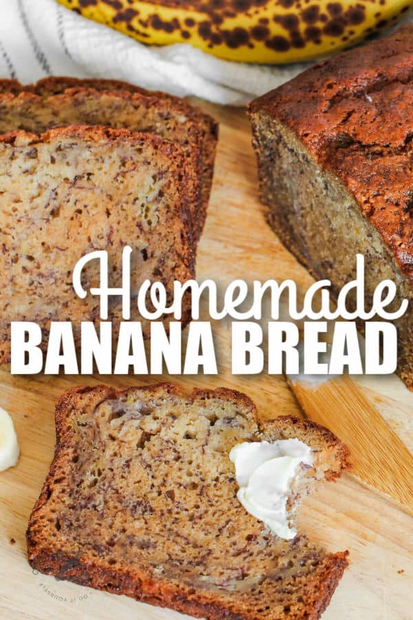 sliced loaf of Nut-Free Banana Bread with writing