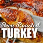 knife slicing Roast Turkey with writing